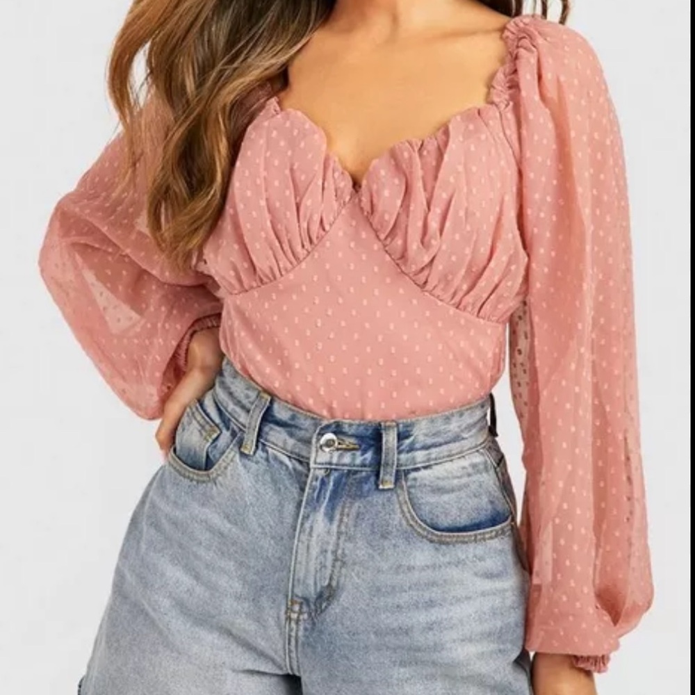 Boohoo Dobby Mesh Ruched Cup Detail Blouse